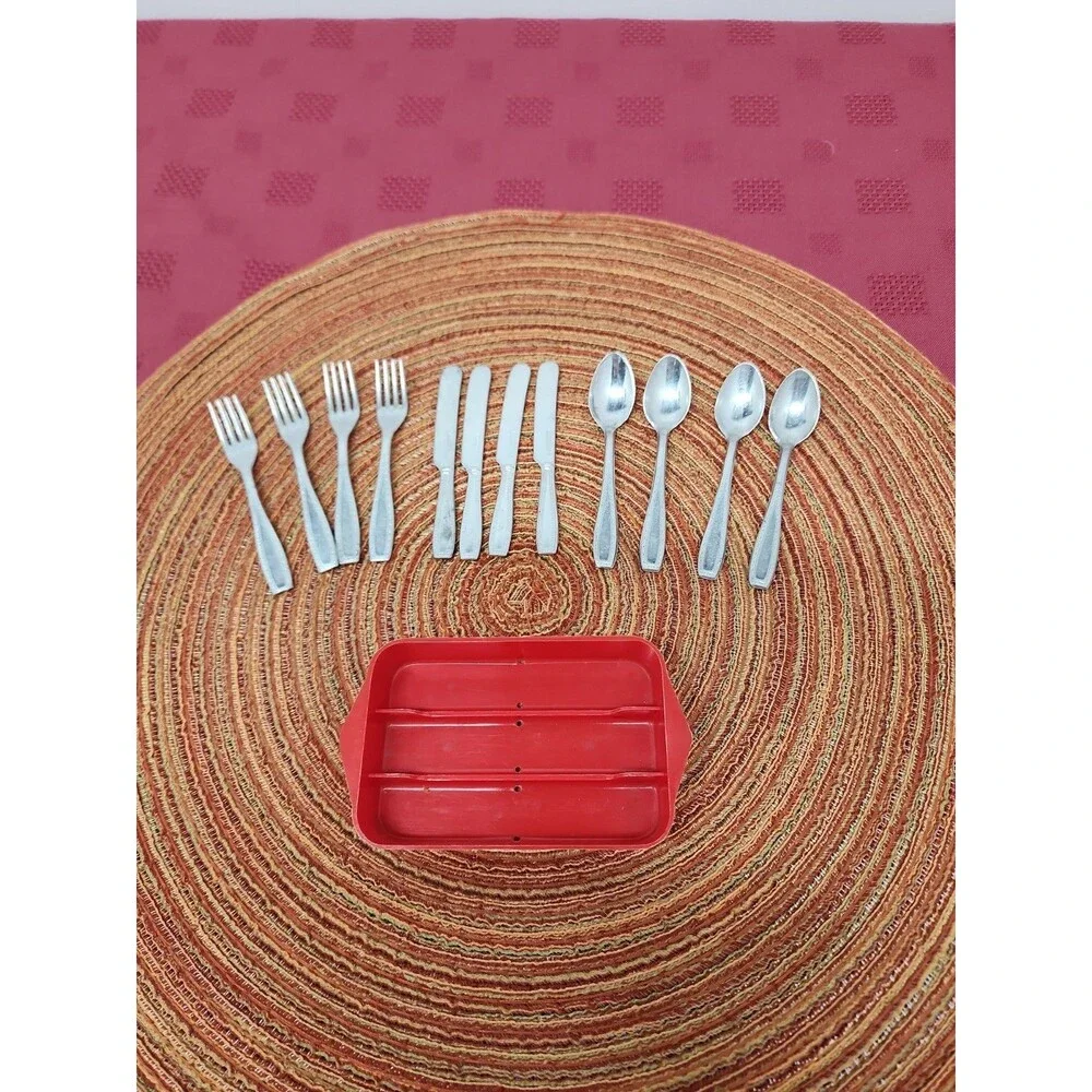 Vintage SIGG Switzerland Miniature Toy Aluminum 12 Piece Flatware Set W Holder